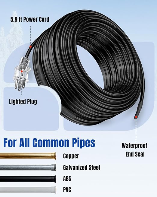 Pawfly 50 FT Heat Tape for Water Pipes, 8 W/ft 120 V Pipe Heating Cable, Self-Regulating Heating Trace for Pipes Freeze Protection, Roof Heat Cable for Pipe Roof Gutter, Keep Water Flowing at -40 °F