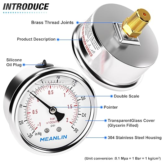 MEANLIN MEASURE -30inHG~30Psi Stainless Steel 1/4" NPT 2.5" FACE DIAL,Vacuum Pressure Gauge,Center Back Mount, with 1/4" x 1/2" NPT and 1/4" x 3/8" NPT Hex Bushing