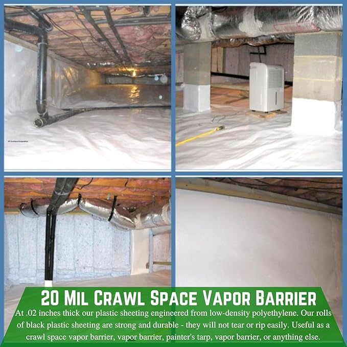 Farm Plastic Supply Crawl Space Vapor Barrier, 20 mil - Thick Plastic Sheeting, Drop Cloth Moisture Barrier for Crawl Space Encapsulation, Heavy Duty Polyethylene, Black & White Panda Film (48' x 100)