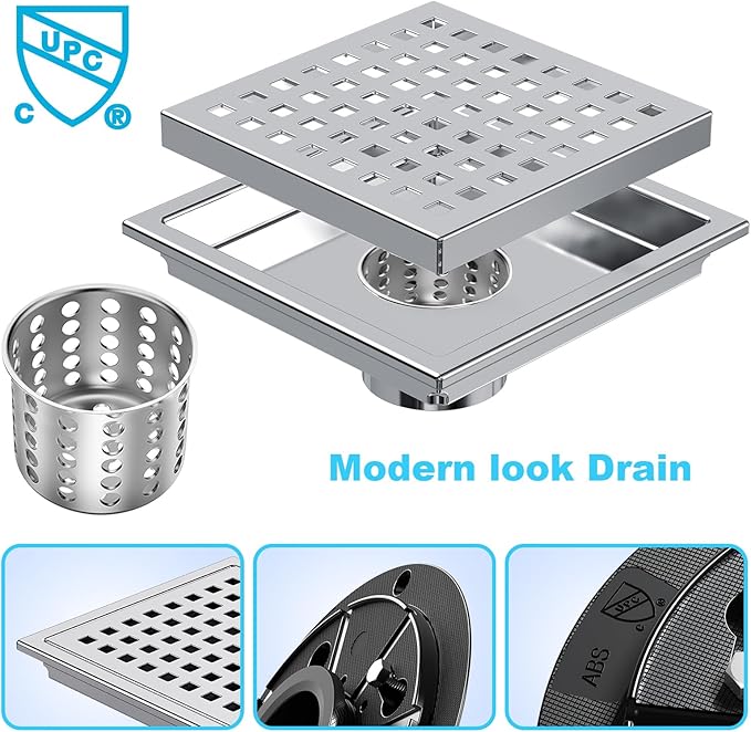 6 Inch Square Shower Floor Drain with Removable Cover Grid Grate, SUS 304 Stainless Steel, Watermark&CUPC Certified, Chrome Finished (Chrome, 6 in)