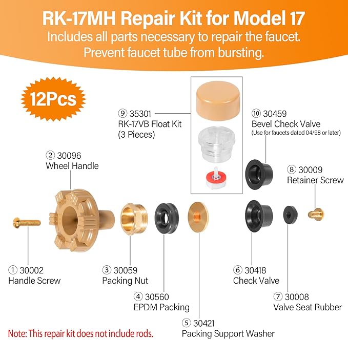 RK-17MH Outside Faucet Repair Kit Metal Handle - Replacement for Woodford Model 17 Outdoor Wall Hydrant, Frost-Free Design, EPDM Packing, 12-Piece Kit