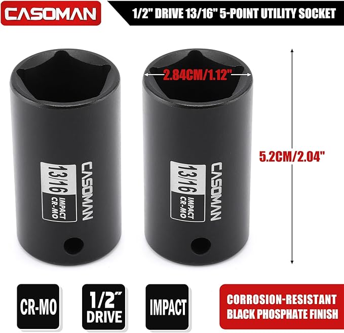 CASOMAN 2PCS 1/2" Drive 13/16" Penta Sockets, 5-Point Utility Socket, CR-MO, Removes and Installs Penta Nuts and Bolts for Utility Service