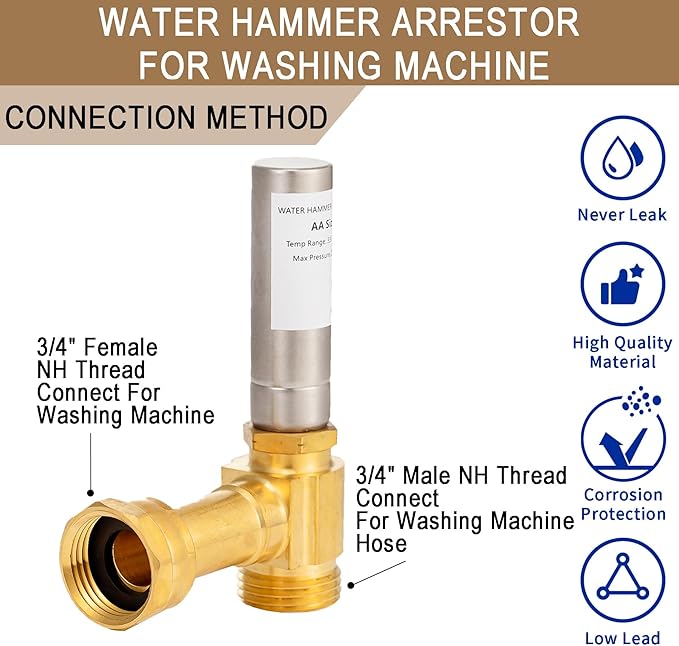 [2 Pieces] Lingmfg Water Hammer Arrestor For Washing Machine, 3/4 Inch Female Thread Swivel Nut x 3/4 Inch Male Thread, Brass