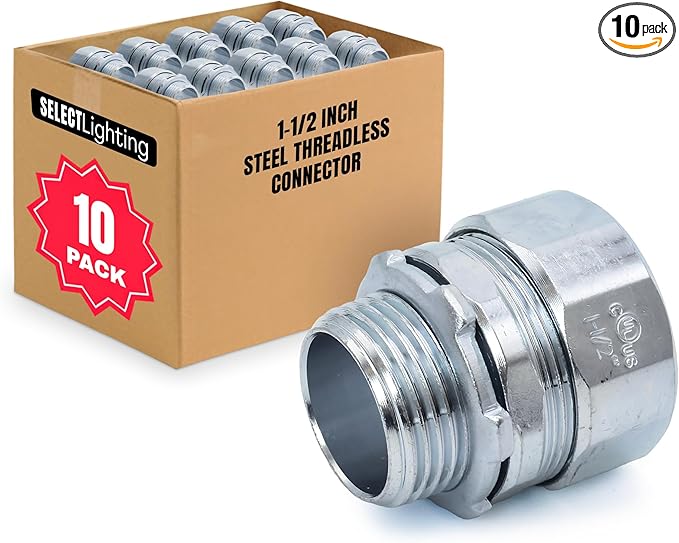Select 10 Pack Lighting Threadless Connector, 1-1/2 Inch Zinc Plated Steel Compression Connector, Electrical Conduit Fittings for Indoor and Outdoor Use