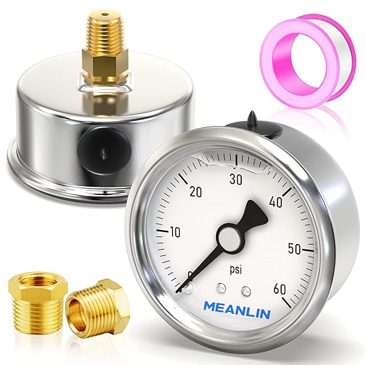 MEANLIN MEASURE 0~60Psi Stainless Steel 1/4" NPT 2.5" Single Scale FACE DIAL, Glycerin Filled Pressure Gauge, Pool Sand Filter, Back Mount, with 1/4" x 1/2" NPT and 1/4" x 3/8" NPT Hex Bushing