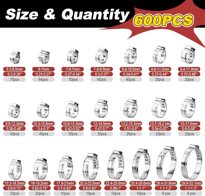 600PCS 22 Sizes Single Ear Hose Clamps, 5.3-33.1mm Crimp Hose Clamps 304 Stainless Steel, Ear Clamp Perfect for Automotive, Home Appliance Line, Pipe Hoses and Industry Use By Hydencamm