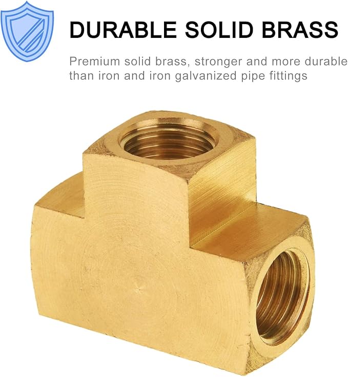 SUNGATOR 1/4'' Barstock Tee Fittings, 1/4" Inch NPT Female Brass Pipe Fittings, 1/4'' NPT Female Brass Barstock Tee Fittings for Air Compressor, Gas Line (4-Pack)
