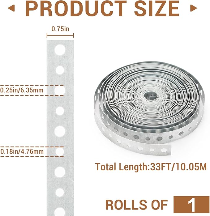 Galvanized Metal Pipe Strap 3/4-Inch x 33-Feet 24-Gauge Pipe Hanger Strap Metal Strapping with Hole Securing Straps Pre-Punched with Gloves