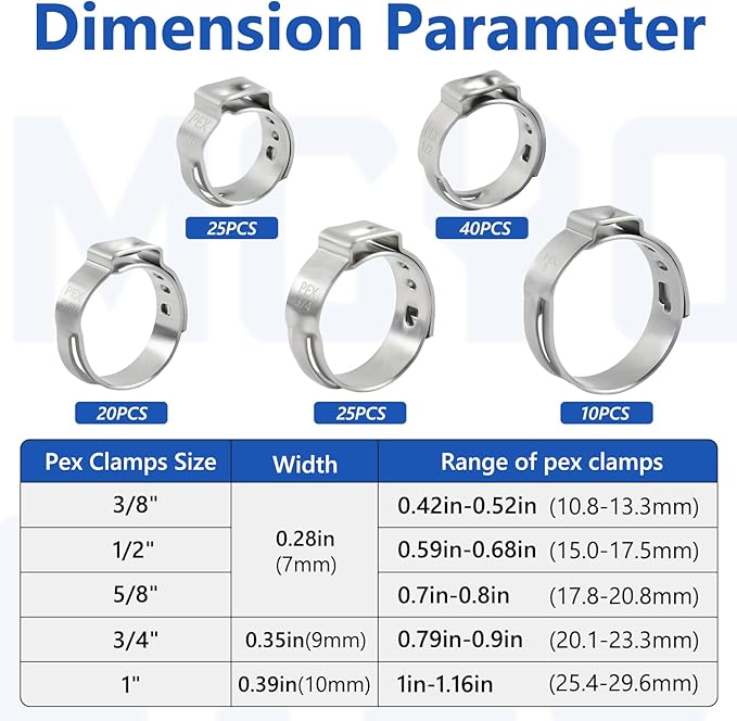 Pex Crimp Rings 150Pcs PEX Clamps 3/8" 1/2" 3/4" 5/8" 1" Single Ear Hose Clamps 304 Stainless Steel Pex Fittings Cinch Clamp Ring for PEX Pipe Tubing
