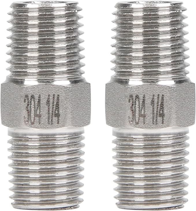 2Pcs 1/4" Male Hex Nipple Pipe Fittings, 304 Stainless Steel Threaded Adapter Fittings, 1/4-inch Male Equal Nipples Connectors, Male Straight Threaded Pipe Fitting