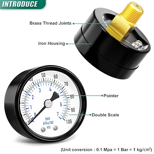 0-100psi Well Pump Pressure Gauge 1/4" NPT 2" Face Dial Size Back Mount, Multifunctional Practical Dry Pressure Gauge, for Water, Oil and Air Compressor