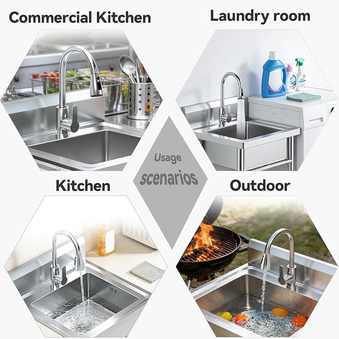 20 Inch Stainless Steel Utility Sink, Commercial Single Bowl with 360° Swivel Pull-Out Sprayer Faucet, Hot & Cold Water Lines, Drain Kit + Base Plate for Kitchen, Garage, Laundry