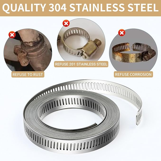 304 Stainless Steel Hose Clamps - For DIY,Cut-To-Fit 11.5 FT Metal Strap + 10 Stronger Fasteners Assortment Kit Large Adjustable Worm Gear Band Screw Clamps Duct Pipe Metal Clamp Strapping