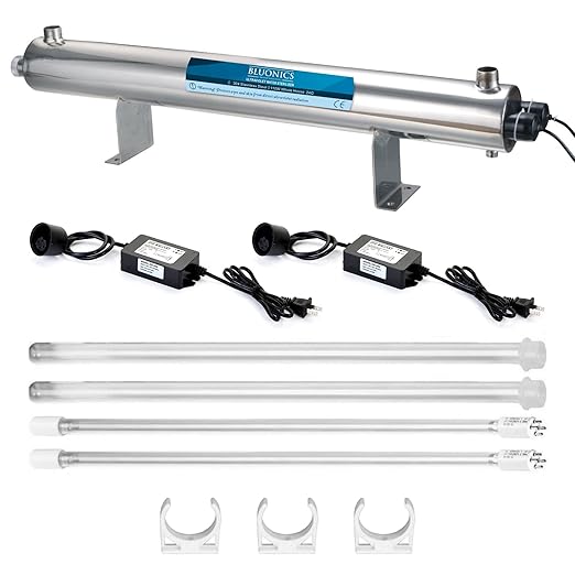 Bluonics Complete Whole House Well Water Filtration System – 24 GPM 110W UV Purifier with Triple 4.5" x 20" Housings, 40 Micron Pre-Filter, Sediment & Carbon Filters + Extra Filter Set