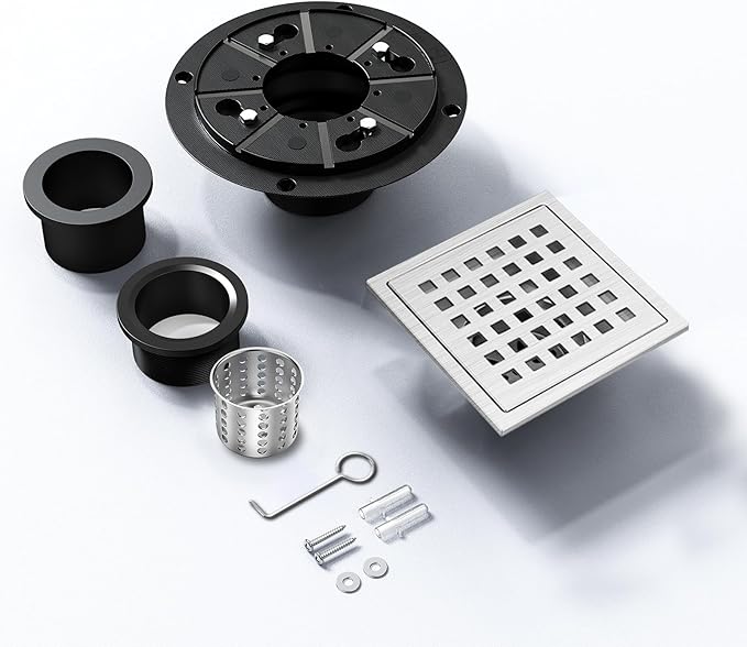 4-1/3 Inch Square Shower Floor Drain with Removable Cover Grid Grate, SUS 304 Stainless Steel, Watermark&CUPC Certified, Chrome Finished(Brushed Nickel, 4 in)
