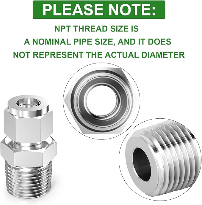 TAISHER 2PCS 304 Stainless Steel Compression Tube Pipe Fitting Connector, 1/4" Tube OD x 1/2" NPT Male Straight Adapter