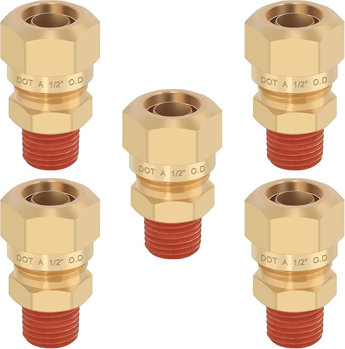 5PCS Air Brake Nylon Tubing Brass Union Fitting, 1/2" Tube OD x 1/4" NPT Thread Air Compression Straight Union Fittings for Nylon Hose with D.O.T Approved