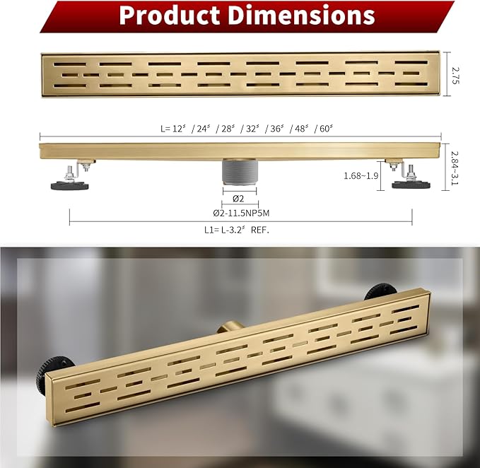 Sharp-tec Linear Shower Drain, 36 inch Shower Drain with Removable Pattern Cover, Brushed Gold 304 Stainless Steel Rectangle Floor Drain, Adjustable Feet and Hair Strainer Included (Model 101)