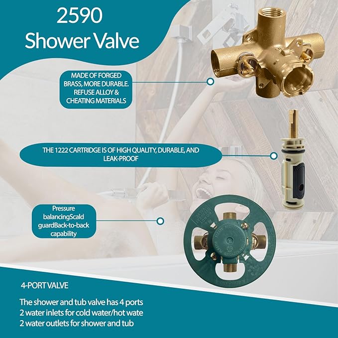 2590 Shower Valve, Shower Valve Replacement for Moen Valve-1/2 Inch IPS Connections, Pressure Balancing Cycling 4 Port Tub and Brass Shower Valves with Stops. Includes 1222 Cartridge