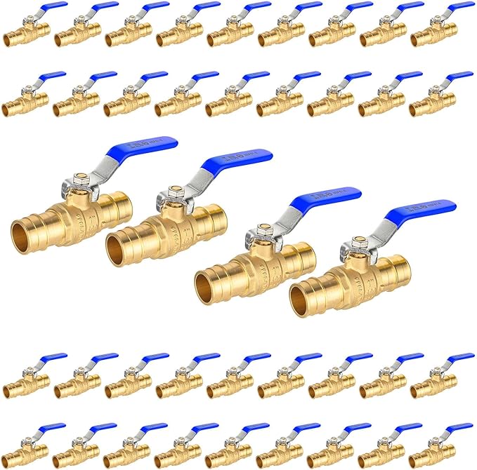 40-Pack Foskan 1" Brass PEX-A Ball Valve with Blue Handle, Quarter Turn Full Port Valve for PEX-A Pipe Connection