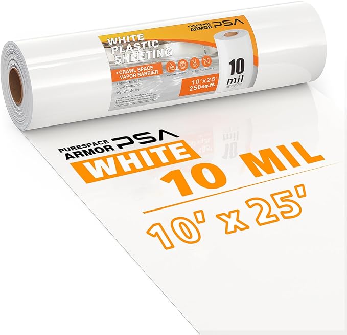 Crawl Space Vapor Barrier, 10mil Film, 10'x25', White Plastic Sheeting - Thick Plastic Sheeting, Heavy Duty Polyethylene Film, Drop Cloth Vapor Barrier Covering for Crawl Space, Garden, Basement