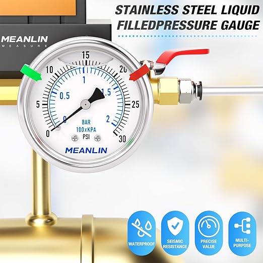 MEANLIN MEASURE 0~30Psi Low Liquid Filled Pressure Gauge Stainless Steel 1/4" NPT 2" FACE DIAL for Pool Sand Filter Water Oil Air Pressure Test Center Back Mount, with Hex Bushing and 2PCS Snaps