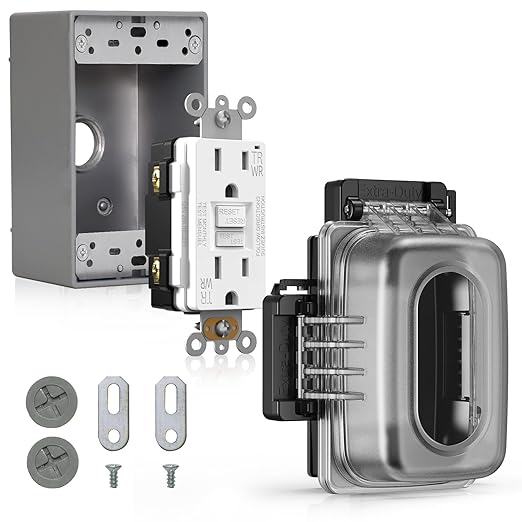 ELEGRP Outdoor GFCI Outlet with in Use Cover and Box Kit, 1 Gang, 15 Amp TRWR Self-Test GFI Receptacle, Extra Duty Metallic Electrical Outlet Box, Lockable in Use Cover, UL Listed, White, 1 Pack