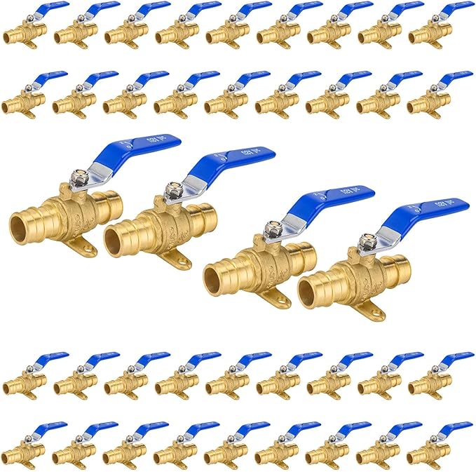 40-Pack Foskan 3/4" Brass PEX Expansion Drop Ear Ball Valve with Blue Handle, Full Port Shut-off Valve for Hot and Cold Water Distribution