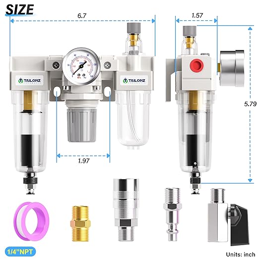 TAILONZ PNEUMATIC 1/4 Inch NPT Automatic Drainage 3 in 1 Oil Air Pressure Regulator Filter AC2000-02D（0-150PSI） with Lubricator Cup for Air Tools System