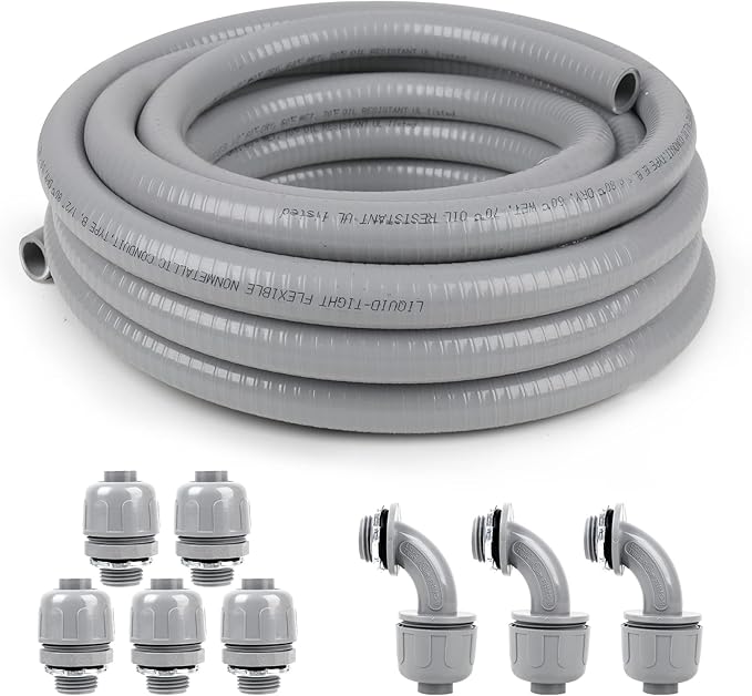 1 inch 100ft Liquid-Tight Conduit and Connector Kit,Flexible Non-Metallic Liquid Tight Electrical Conduit Kit with 5 Straight and 3 90-Degree Connector Fittings,1in. Dia