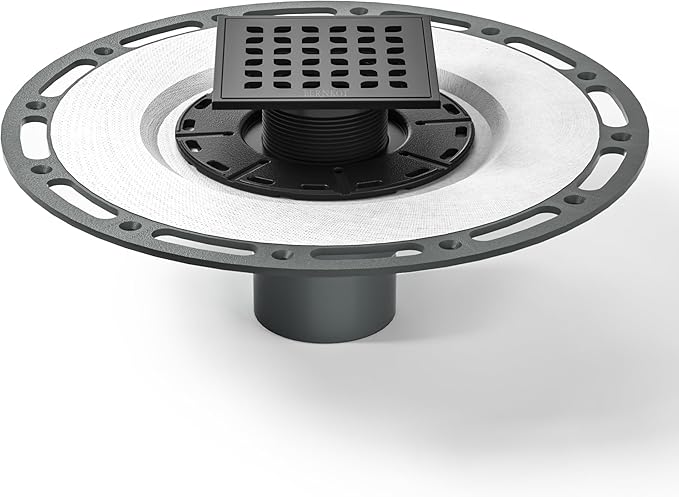 Square Shower Drain, 4" Matte Black 304 Stainless Steel Drain Grate Removable Drain Key with PVC Bonding Flange Base for Low Profile Floor Tiles, CUPC Certified
