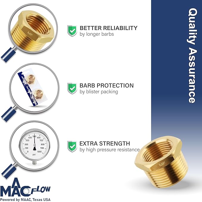 MAACFLOW brass 1/2" Male NPT to 3/8" Female NPT Adapter Reducer Hex Bushing (Thread OD 0.81" - ID 0.58") (pack of 2)