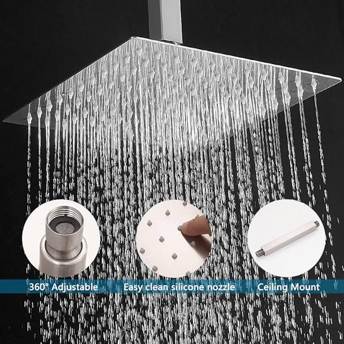 10 Inch Ceiling Mounted Shower System Rain Mixer Shower Combo Set Rainfall Shower Head System Brushed Nickel Shower Faucet Rough-in Valve Body and Trim Kit Included