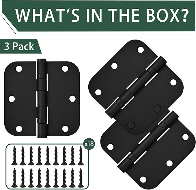 304 Stainless Steel 3.5 Inch Matte Black Door Hinges Interior Hinges 5/8" Radius Corners 3.5'' Ball Bearing Door Hinges- 3 Pack