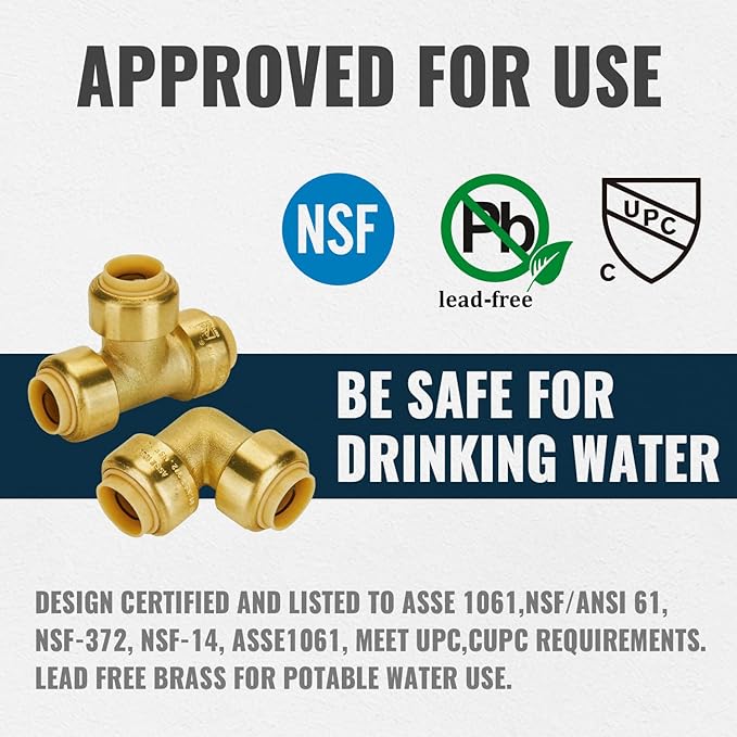 SUNGATOR Push Fittings 1/2 inch, 90 Degree Elbow (5 PCS), Tee (3 PCS), No Lead Brass Push-to-Connect Plumbing Fittings for Pex Pipe, Copper, CPVC, with 1 Disconnect Clip, Pack of 8