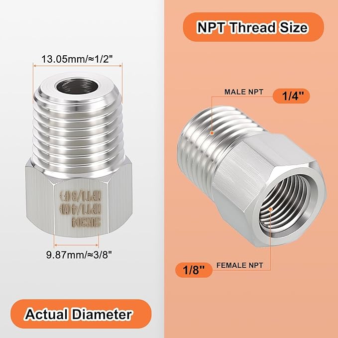3 Pack 304 Stainless Steel Male to FeMale Adapter, 1/4" Male NPT x 1/8" FeMale NPT Hex Bushing Reducer for Industrial, Automotive, Fluid Transfer, Home Gardening, Water Treatment