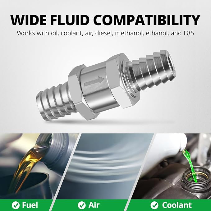 EVIL ENERGY 1/2" (12mm) Check Valve, 3 Pcs Aluminum One Way Fuel Check Valve for Gasoline, Diesel & Coolant with Universal Hose Clamps, Silver