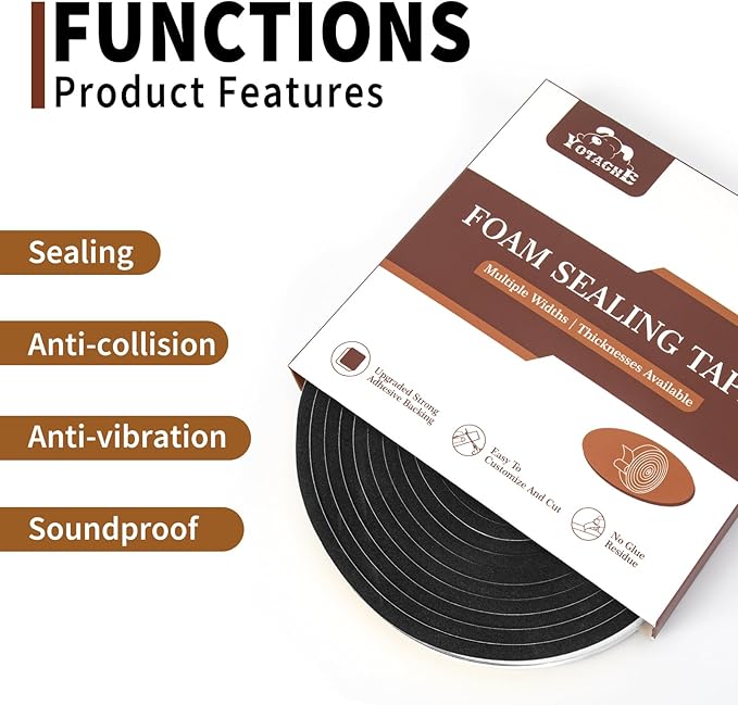 Yotache Adhesive Foam Tape 1/2" x1/8", Insulation Soundproofing Neoprene Rubber Door Weather Stripping, 3 x 16.5 Feet Each, Total 50 Feet Long