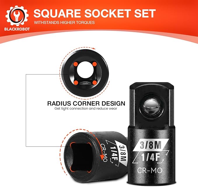BLACKROBOT 4 Piece 1/4”F To 3/8”M Impact Socket Adapter Set,SAE Drive Cr-Mo Steel Exceeds ANSI Standards,Square Drive Reducer for Impact Driver Wrench
