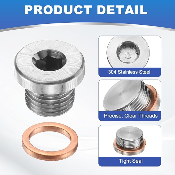 PATIKIL 2 Pcs M10 x 1 Metric Pipe Plug Fitting, 304 Stainless Steel Internal Hex Head Socket Pipe Cap Adapter Connector with Copper Washer for Sealing Oil Gas Water