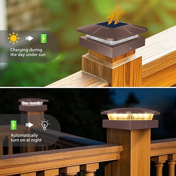 Peasur 4x4 Solar Post Cap Lights Outdoor with 3 Modes, 4 Packs Brown Fence Light Solar Powered Waterproof for 4x4 3.5x3.5 Wood/Vinyl Posts for Deck Yard Garden Patio Outside