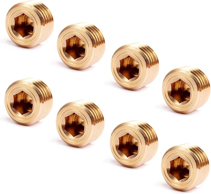 8PCS Brass Pipe Plug Fitting 1/2" NPT Male Plug Hex Counter Sunk Plugs,Internal Hex Thread Socket Pipe Plugs Kit