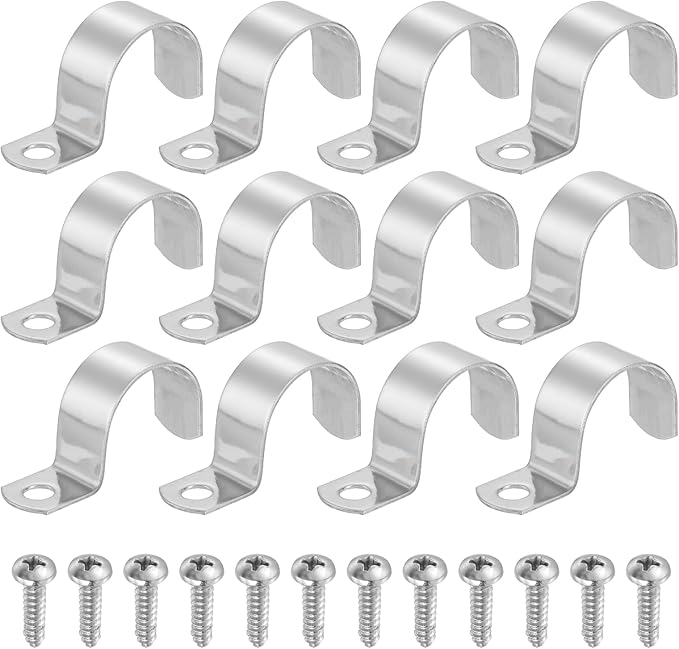 uxcell 12Pcs 32mm(1-1/4") One Hole Rigid Pipe Strap, 304 Stainless Steel Conduit Clamp Thicken U Bracket Heavy Duty Pipe Clamp with Self-Tapping Screws for Fixing Tube Cable, Silver