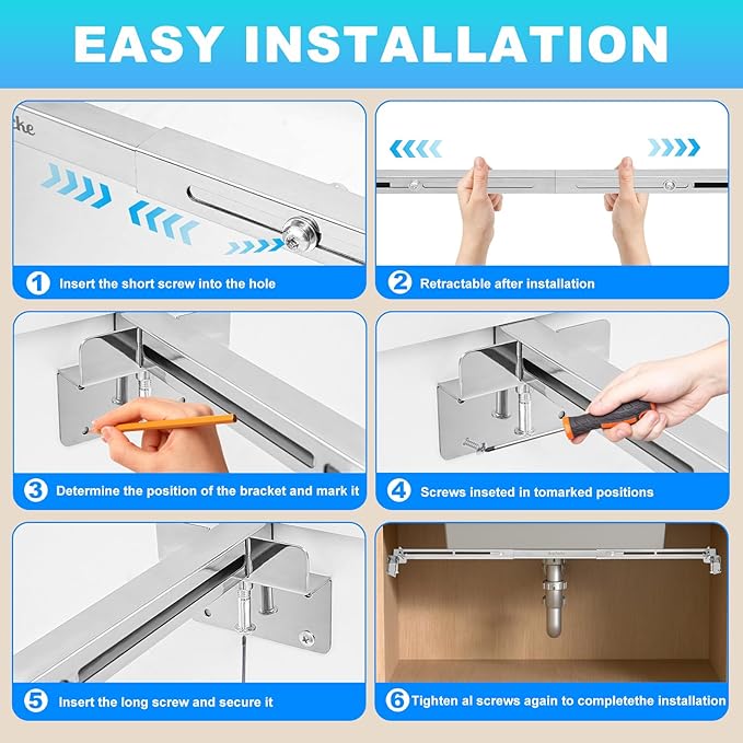 Undermount Sink Support Brackets – Adjustable Stainless Steel Brackets & Support Pole for Heavy Duty Undermount Kitchen Sink, 28-37inches