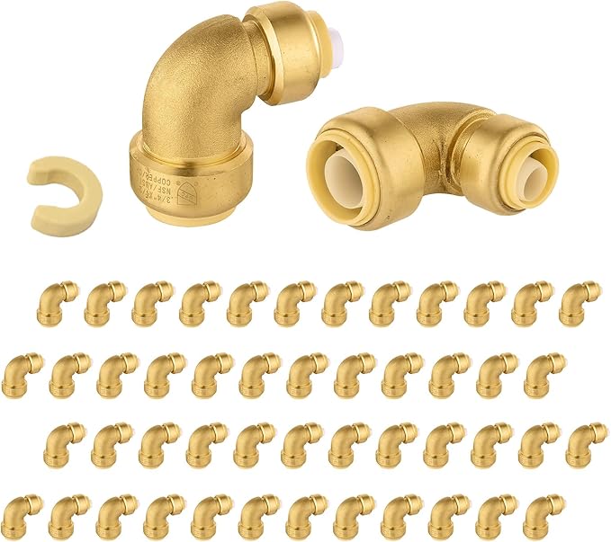 (Pack of 50) Niikappu 3/4 Inch x 1/2 Inch Reducing Elbow Brass Fitting, Push to Connect Plumbing Brass Fittings, PEX, Copper, CPVC, PE-RT Pipes