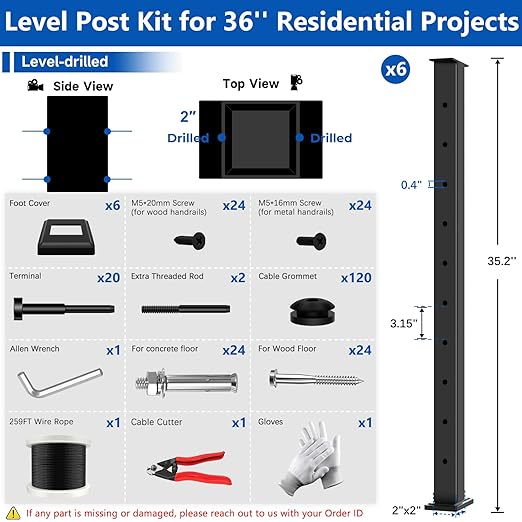 36" Expandable 20-24FT Black T304 Cable Railing Post Kit, Complete Cable Railing System with 6 Level Posts & 259ft 1/8" Wire Rope(No Handrail), Adjustable Length Easy DIY for Decks/Porch