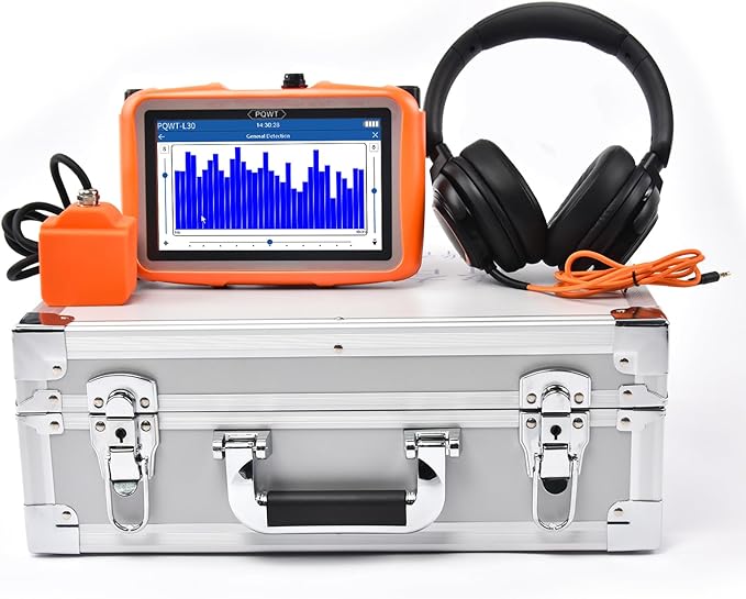 PQWT L30 Underground Water Leak Detectors for Home Wall Water Pipe Detector Machine Horizontal Sensor Acoustic Pipeline Leakage Detection Kit Noise Reduction Headphone Smart Touchscreen Carry Case
