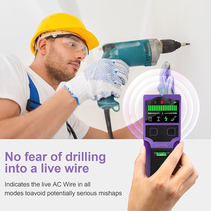 SUNMAY Stud Finder for Walls, 7-in-1 Wall Scanner with Upgraded Intelligent Chip for Wood Metal Studs, Live AC Wires, Joists and Pipes, HD LCD Display, Voice Alerts and Accurate Positioning