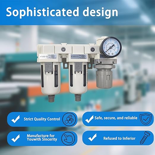 XingNEeng 3/8" NPT Compressed Air Filter Regulator Lubricator (FRL) Unit, Double Water/Oil Trap Separator, Gauge(0-150 psi), Semi-Auto Drain Air Compressor Water Separator, Poly Bowl, Metal Bracket