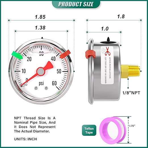 0-60psi Stainless Steel Glycerin Liquid Filled Pressure Gauge 1/8" NPT 1.5" Face Dial, Center Back Mount, for Water, Oil and Air Pressure Testing (with Range Mark Pointer)